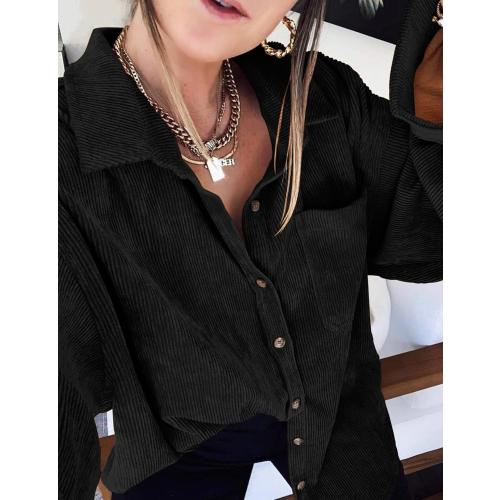 Womens Corduroy Shirt Long Sleeve Oversized Button Up V Neck Blouses Tops Loose Shacket Jacket EXTRA LARGE
