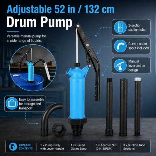 55 Gallon Drum Pump Plastic Hand Lever-Action Barrel Pump Fits 5-55 Gallon Drums - Transfers Motor Oil, Diesel, Lubricants, Kerosene, Gear Oil, Fuel, Water, Alcohol