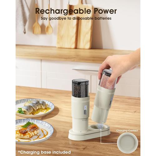 Upgraded Larger Capacity Electric Salt and Pepper Grinder Set, Rechargeable Salt and Pepper Grinder Set with Charge Base, Adjustable Coarseness, Efficient Kitchen Gadgets, Beige
