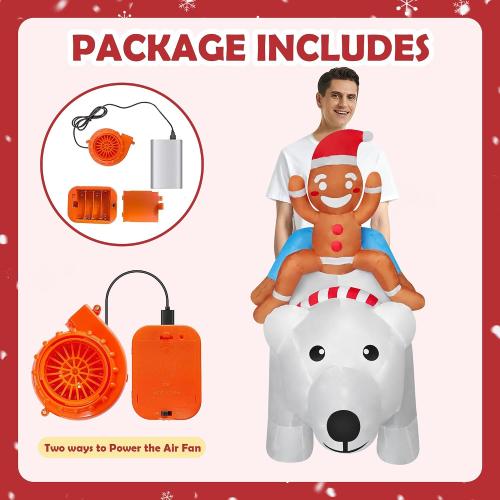 Funny Inflatable Gingerbread Man Riding On Polar Bear Costume Blow-Up Outfit for Adult/Christmas Parade/Halloween