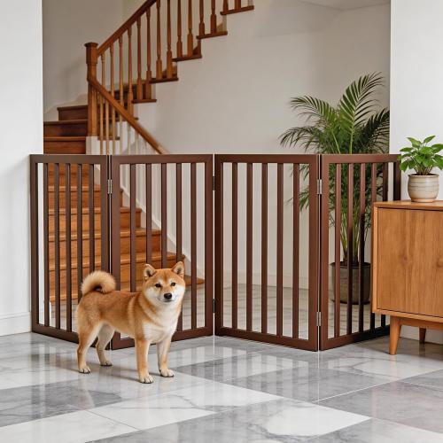 Dog Gate Indoor, Freestanding Dog Fence for The House, Doorways, Hallways,or Stairs,Pet Gate Foldable Wooden,Expandable 32 Height 4 Panels,Brown