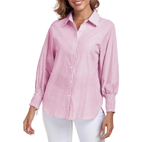 Size L...Button Down Shirts Striped Puff Long Sleeve Oversized Blouses Boyfriend Loose Tunics Collar Top