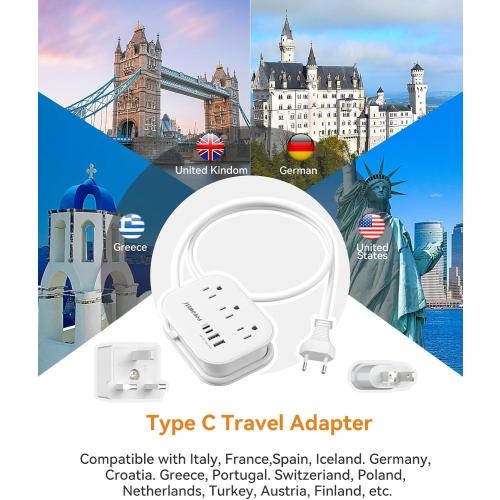 European Plug Adapter,EU/UK/US Travel Power Strip with 3 Outlets & 4 USB Ports(3.4A), International Power Adapter with 3 FT Extension Cord Compact for US to EU UK Germany Italy France Cruise