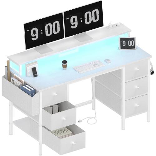 Lufeiya black Gaming Desk with Drawers & Storage Shelves, 47 inch Home Office Desk with Monitor Stand, Computer Desk with LED Lights and Power Outlets, black