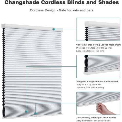 Changshade Cordless Cellular Shades, Blackout Honeycomb Shades for Windows, Pull Down Pleated Blinds, Easy to Install for Indoor Windows and French Doors,35 W x 72 H, White