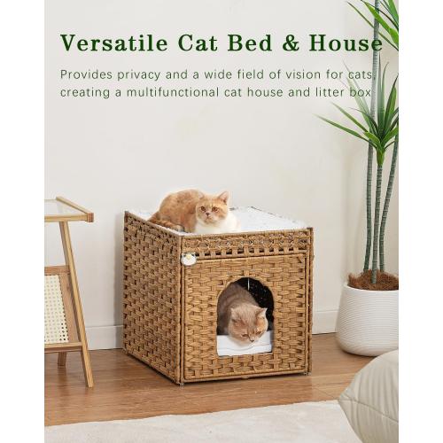 SETVSON Cat Beds for Indoor Cats Extra Large Double Cat Cave, Natural | Spacious Multi-Cat House, Furniture End Table Look, Soft Washable Cushion, Sturdy Metal Frame, 18.5x20.5x19.1 In Woven Cube
