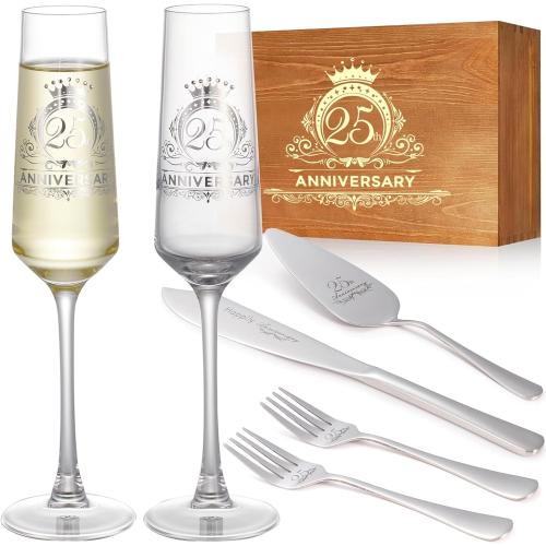 25th Anniversary Champagen Flutes Wedding Gifts for Couple, 25th Birthday Anniversary Decorations, Silver Cake Cutting Set for Wedding 25th Anniversary Presents
