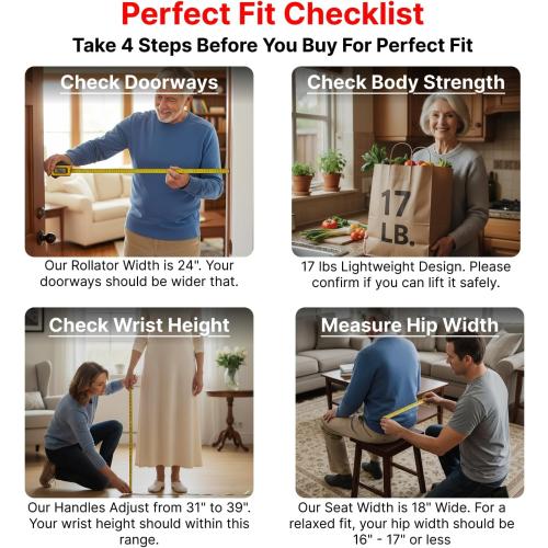 Rollator Walkers for Seniors with Seat, Foldable Travel Rolling Walker, 300lbs Capacity, lightweight Compact Portable Walker with Seat,Adjustable Height for Tall over 6ft,8 Big Wheels(Standard Model)