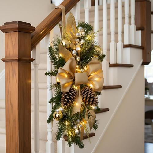 2025 Cordless Christmas Swags Artificial Stairs Christmas Garland with Prelit Teardrop Swag and 30 Lights Rustic Christmas Swag for Front Door Wall Window Stair Home Decor (Gold with Pinecone)