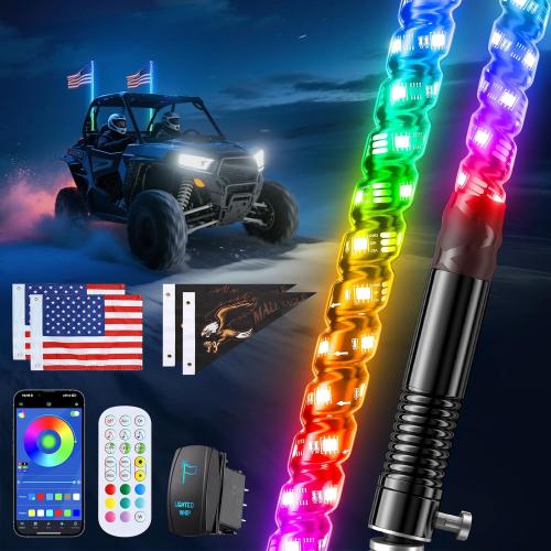 2 PCS 4FT Whip Lights with Spring Base, APP & Remote Control Led Whip Lights for Side by Side, Spiral RGB Chasing Lighted Whips with Rocker Switch, Music Led Whips for UTV ATV RZR SXS Can-Am