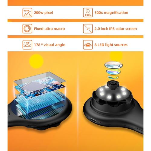 T TAKMLY Mini Pocket Digital Microscope, Macro Fixed Focus Magnifying Glass, Portable Handheld USB Digital Microscope 500x Magnification, 4X Zoom