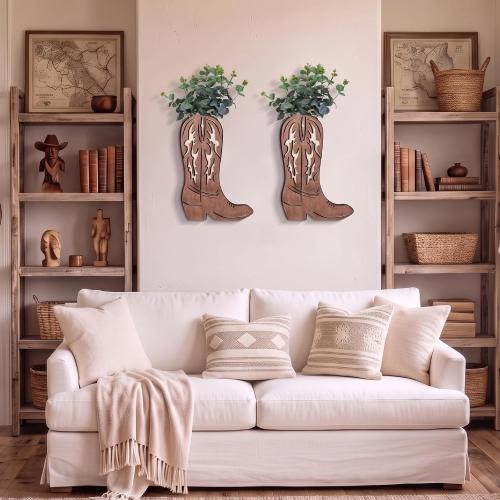 Havawish 2 Pcs Western Wall Decor Wood Cowboy Boots Wall Planter for Indoor Plants 12 x 8'' Western Boot Flower Hanging Vase for Flower Faux Rustic Home Decor for Bathroom Bedroom(Retro Style)