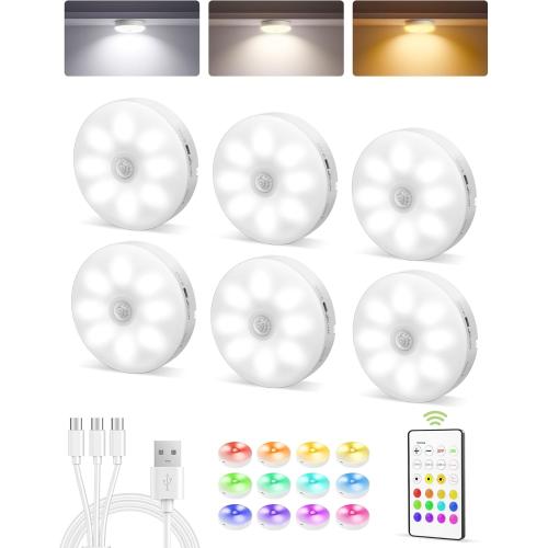 6 Pack White EZVALO 6-Pack Under Cabinet Lighting, Rechargeable Motion Sensor Puck Lights with Remote, 3 Color Temps &12 RGB Colors, Magnetic Stick on Light, Dimmable Under Counter Lights for Kitchen, Shelf, Stair