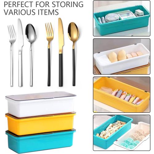Flatware Tray with Lid and Drainer,Silverware Tray Kitchen Dinnerware Holder and Utensil Storage Container for Flatware and Silverware(Blue)