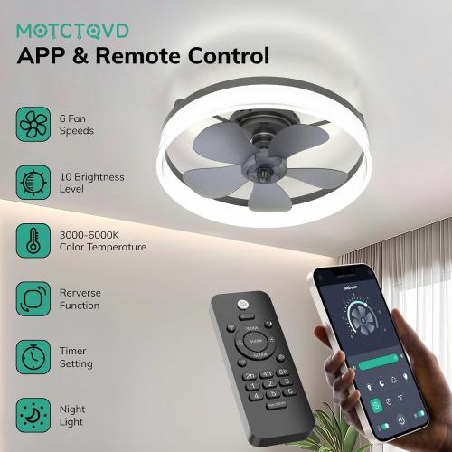 Size 19.7 Ceiling Fans with Lights, 19.7'' Flush Mount Ceiling Fan with Lights and Remote, 3000K-6000K Dimmable Modern Low Profile Ceiling Fans for Bedroom Living Room, 6 Speeds Fandelier LED Fan Light