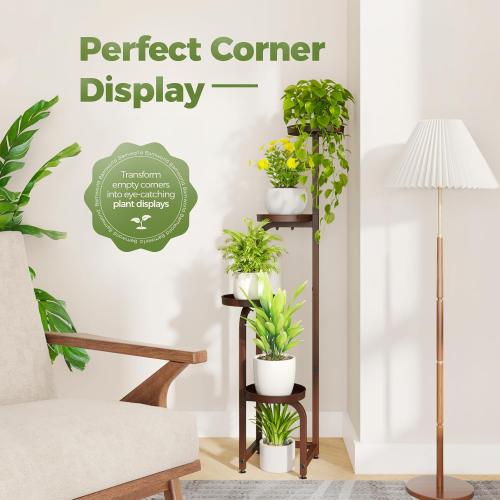 Bamworld Corner Plant Stand Indoor Outdoor, Tall Metal Flower Pot Stands for Multiple Plants, 4 Tier Brown Heavy Duty Plant Shelf for Patio Garden Balcony Living Room Bedroom(Patent Design)