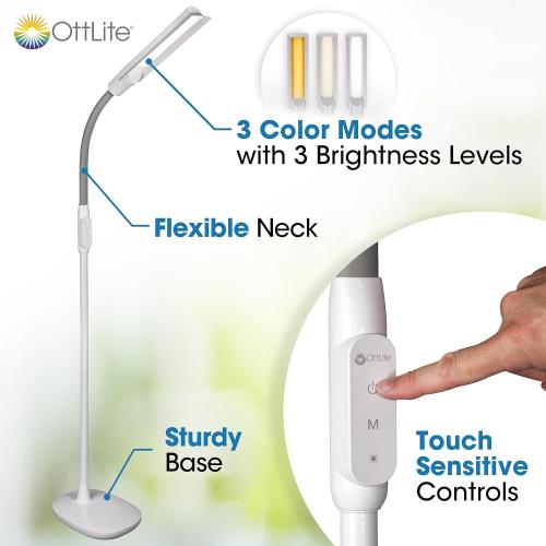 OttLite WingShade LED Floor Lamp, 3 Color Temperatures, White | ClearSun LEDs Reduce Eyestrain | 3 Brightness Settings | Adjustable Height to 64 | Sturdy 8x11 Base