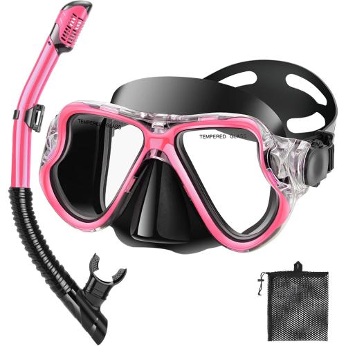 Snorkeling Gear for Adults Kids, Dry Snorkel Set, Panoramic Wide View, Anti-Leak Anti-Fog Tempered Glass Snorkel Gear, Adjustable Strap & Free Breathing for Snorkeling Scuba Diving Travel