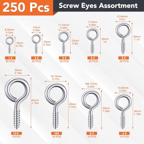 250 Pcs Eye Hook Screw, Screw Eyes 0.75-1.75 Christmas Tree Stand Screws Eye Bolts 9 Size Heavy Duty Eyelet Screw Nickel Plated Self Tapping Screws for Picture Frame