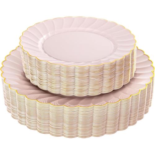 YOUBET 60PCS Pink Scalloped Plastic Plates - Hard Pink and Gold Fancy Disposable Plates include 30 Gold Dinner Plate, 30 Dessert Plate for Party & Wedding & Baby Shower Valentines Day