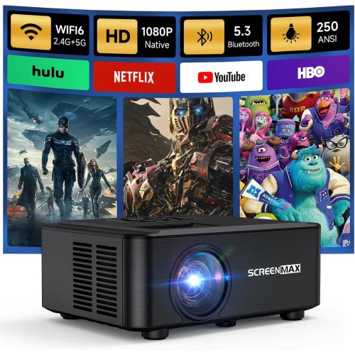 Projector with WIFI and Bluetooth, Native 1080P Bluetooth Projector, Full HD Portable Outdoor Movie Projector with Built-in Speaker, Compatible with Smartphone, HDMI, USB, Fire Stick for Home Cinema