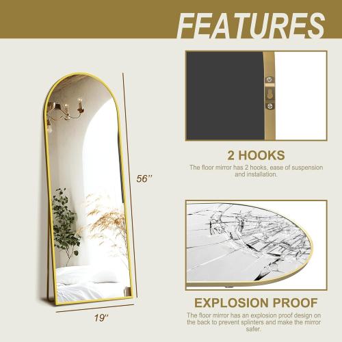 Size 56x20 Color Gold Delma Full Length Mirror, Large Floor Mirror for Wall, Bedroom, Bathroom, Living Room with Aluminium Frame (Stand, Arch 56x20-Gold)