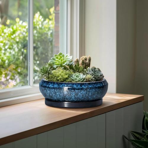 COLOR RED ❗❗Bonsai Pots - 13 Inch Ceramic Succulent Pots for Indoor Outdoor, Large Succulent Planter with Drainage Hole and Saucer, Round Shallow Flower Planters, Porch Decor, Gardening Gifts, Blue