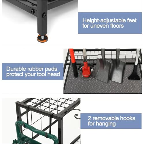 Garden Tool Organizer for Garage，Garden Tool Rack，Tool Organizers and Storage，for Long Handle Tools,Rake,Brooms, Hooks， Small Shovel,Shear，Black