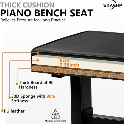 Piano Bench with backrest, Adjustable Music Keyboard Bench Stool Seat with Black Padded Cushion for Keyboard Piano, Professional Heavy Duty Piano Stool Chair with PU Leather for Musicians