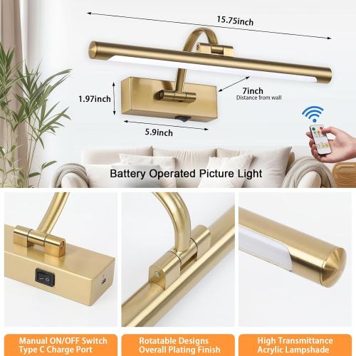 Tassuowell Wireless Picture Lights for Wall Rechargeable, Battery Operated Art Light for Paintings, 3CCT Dimmable, 15.7 Brass Finish with Remote, Rotatable Gallery Light for Pictures Display