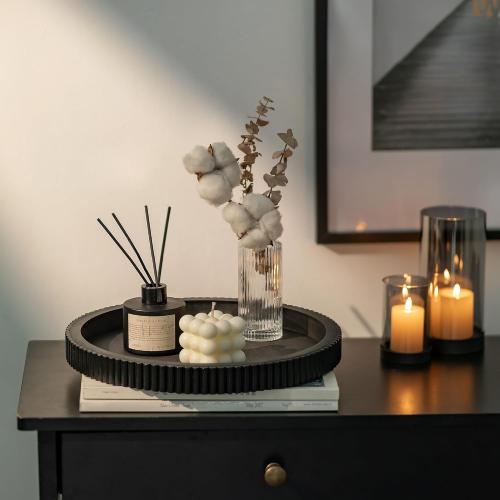 Hanobe Black Decorative Coffee Table Tray, Scalloped Edge | 12 round wood centerpiece tray, ideal for living room, entryway table, kitchen island, fits modern decor.