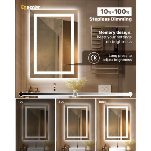 Ensenior LED Bathroom Mirror 30x 36 with Front and Backlight, Stepless Dimmable Wall Mirrors with Anti-Fog, Shatter-Proof, Memory, 3 Colors, Modern LED Vanity Mirror-FCC
