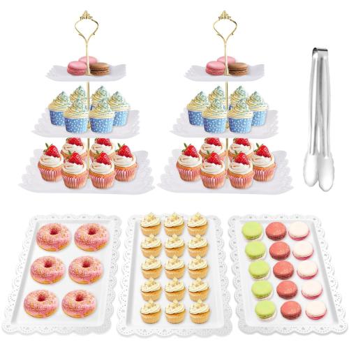 6 Pieces Cupcake Stand Set with 2 x 3 Tier Cupcake Stands, 3 x Appetizer Trays, 1x Tongs, Dessert Table Display Set for Wedding Birthday Baby Shower Tea Party (Square)