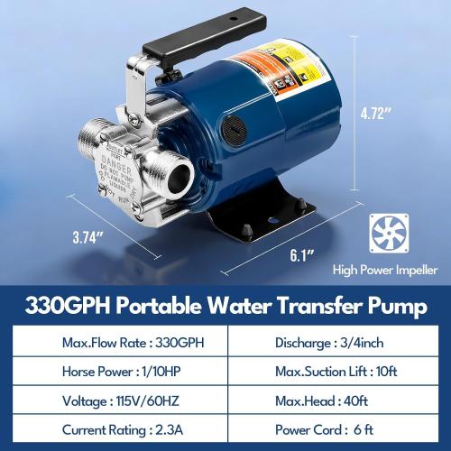Portable Electric Water Transfer Pump, 115V 1/10HP 330GPH Garden Pump with On/Off Switch Suction Hose Kit for Low Suction Pumping from Garden Pool Aquarium Hot Tub Rain Barrel Water Bed