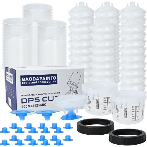 Disposable Paint Cups for Spray Gun, Paint System for HVLP and LVLP Paint Spray Paint Gun, 6.5 Ounce (200ml) Kit with 50 Cups and Lids System, 2 Hard Cups with Retainer Ring, 20 Plugs, 3 Mixing Sticks