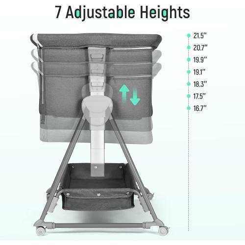 Cowiewie Bassinet Bedside Sleeper, Baby Bassinet with 7 Adjustable Height, Bedside Bassinet for Baby with Storage, Breathable Mesh & Mattress, Portable Bassinet Easy Folding (Pyramid Dark Gray)