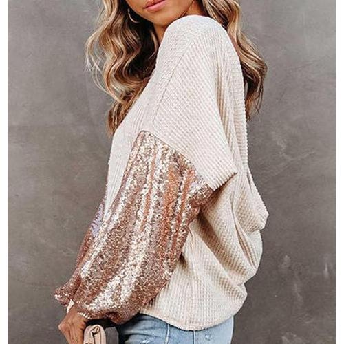 Size XL Glitter Off Shoulder V Neck Backless Pullover Tops,Women Sequin V Neck BacklessLong Sleeve Waffle Knit Sweater