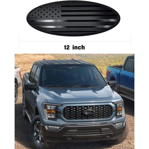 12 inch Emblem Front Grille Tailgate Rear Aluminum Overlay American Flag Emblem Fit for 2017-2022 Ford F250 F350 Super Duty（Black, 12