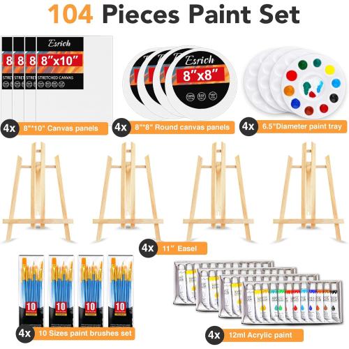 ESRICH Acrylic Paint Canvas Set,104 Piece Professional Painting Supplies Kit with 4 Wood Easel, 4 * 12Colors, 4 * 10 Paint Brushes, Canvas Etc, Premium Paint Kit for Artists Beginner