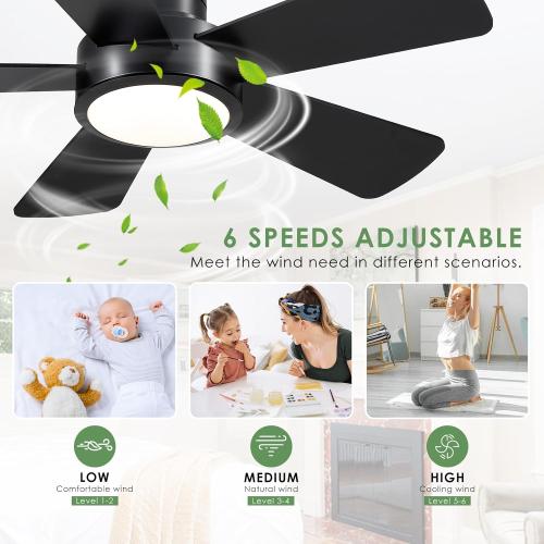 Dannilong 40 inch Modern Ceiling Fans with Lights Remote/APP Control, Low Profile Reversible Ceiling Fans Flush Mount 6 Speeds Ceiling fan Light for Patio Kitchen Bedroom, Black