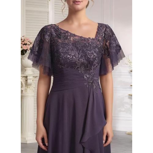 Size 18W Color Brown Mother of The Bride Dresses for Wedding with Sleeve Lace Appliques Chiffon Formal Gowns with Slit