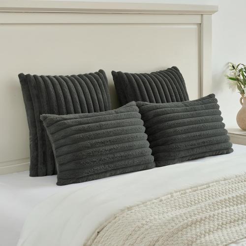 FUTEI Dark Grey Throw Pillow Covers Set of 2, 18x18 Inch Soft Faux Rabbit Fur Striped Texture Cushion Cases, Modern Decorative Couch Pillows for Living Room Bed