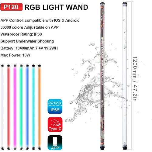 P120 RGB Handheld Photography Light, APP Control 1350 Lumen LED Video Light Wand 360°Full Color 12 Lighting Modes CRI≥95 IP68 Waterproof Built-in Rechargeable Battery 3000k 5750k Colorful Stick
