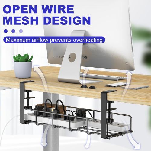 15.7” Under Desk Cable Management Tray, No Drill Steel Cable Tray Organizers, Wire Management Tray Cable Rack with Clamp Mount, Metal Under Desk Tray with Wire and Cord Organizer (Black, 1 Pack)
