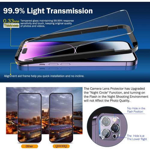 QHOHQ 3 Pack Screen Protector for iPhone 14 Pro Max 6.7 Inch with 3 Pack Tempered Glass Camera Lens Protector, Ultra HD, 9H Hardness, Scratch Resistant, Case Friendly