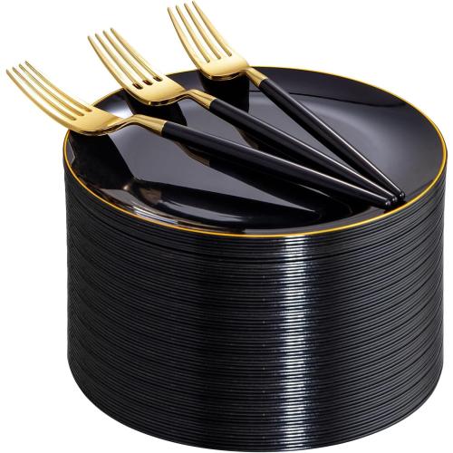 I00000 144Pcs Black and Gold Dessert Plate Set, Including 72Pcs Black and Gold Plastic Plates 7.5 and 72Pcs Disposable forks 8.5, Fancy Salad Plates with Gold Rim for Thanksgiving and Party