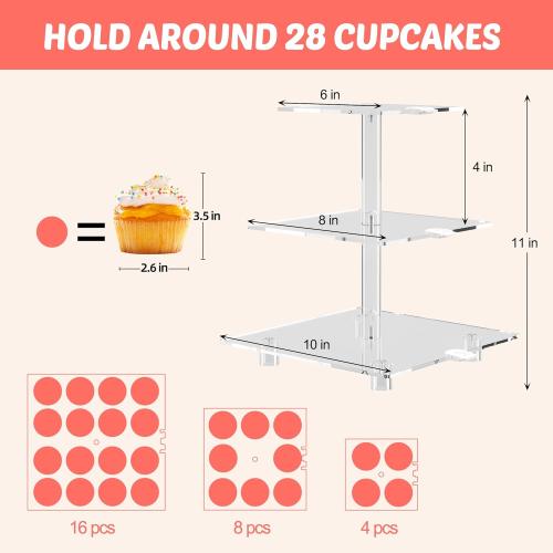Size 3 tier LED Acrylic Cupcake Stand, 3 Tier Cupcake Stand with Rechargeable Light, Clear Cupcake Tower Stand 24 Cupcakes, 7 Color Cupcake Display Stands for Weddings, Birthdays,Party,Graduation
