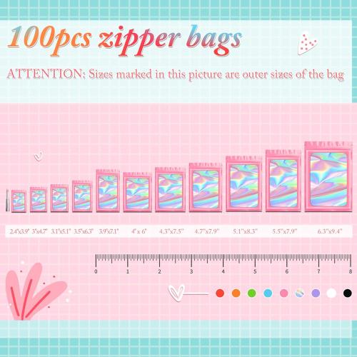 Funfery 100 pcs Pink Mylar Holographic Bags Packaging Bags,Clear Seal Resealable Smell Proof Bag Foil Pouch Bag for Food Storage and Lipgloss,Jewelry,Eyelash Packaging for Small Business(3x4.7In)