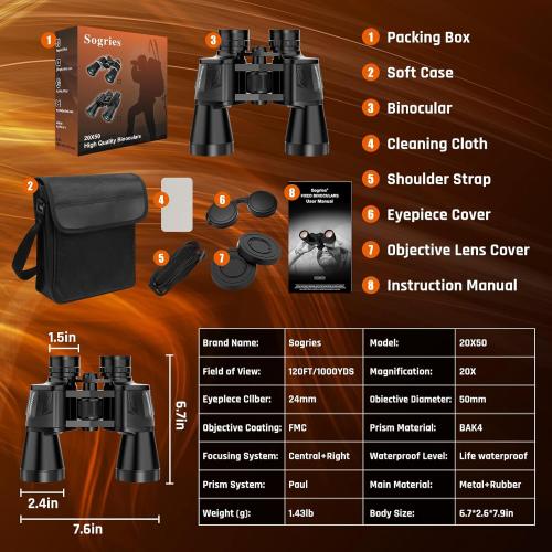 20x50 High Power Binoculars for Adults with Low Light Night Vision,Military Compact HD Professional/Daily Waterproof Binoculars for Bird Watching Hunting/Traveling/Outdoor