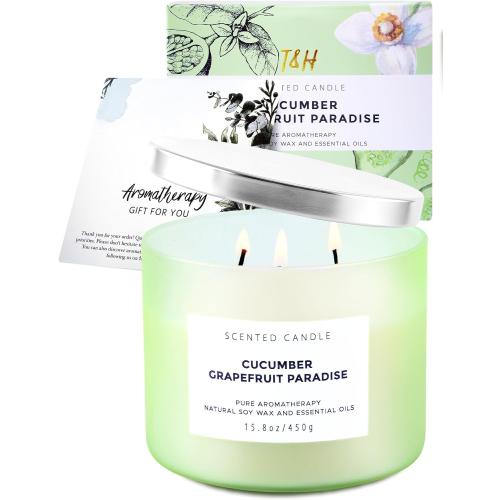 Cucumber Grapefruit Paradise 3-Wick Scented Candle | Large Soy Candle for Home 15.8 oz | Fresh Fruity Citrus Summer Aromatherapy Candle, Long Lasting Stress Relief & Relaxation Candles for Men & Women